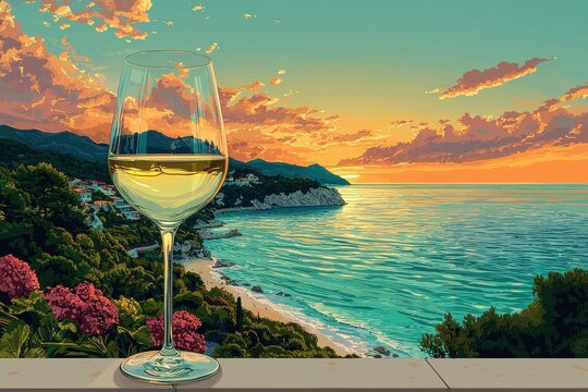 A glass of white wine with a stunning coastal landscape view
