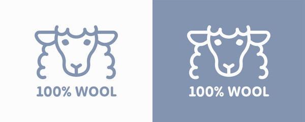 Wool 100 percent pure icon isolated on background. Vector signs for clothes and fabric product with cute cartoon sheep head
