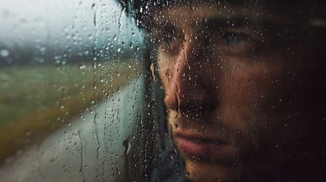 reflection of a man s in a rainy bus window, raindrops sliding down glass, blurred countryside outside, melancholic mood, cinematic realism