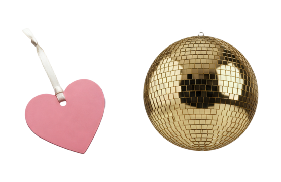 Pink Heart Shaped Gift Tag with White Ribbon Hanging Beside a Shiny Gold Disco Ball Isolated on transparent background for Party Celebration Love Music Event