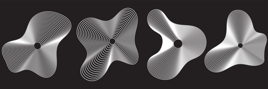 Abstract metallic twisted shapes with smooth texture. Four metallic abstract forms with twisted surfaces and central holes, showcasing modern geometric design and smooth  texture on white background.
