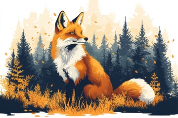 Obraz premium Stylized fox in autumn forest with paper cutout design elements