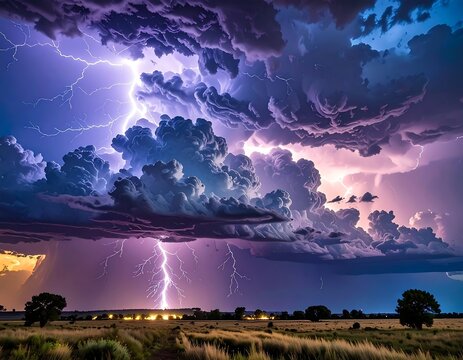 Dramatic nighttime thunderstorm with vibrant lightning over a field