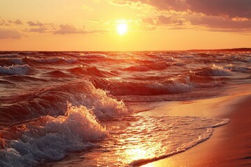 Golden Sunset over Sparkling Ocean Waves on Sandy Beach with Horizon Silhouette