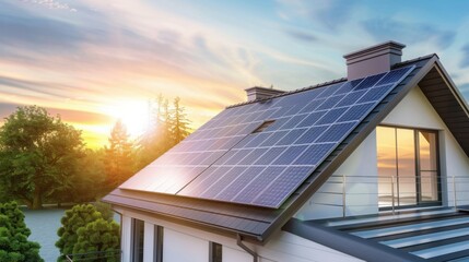 solar panels on modern house roof at sunset, hybrid inverter system inside the home, energy independence concept, soft sunlight, clean design