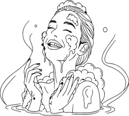 Smiling woman washing face line art, clean skincare and beauty illustration with soap foam