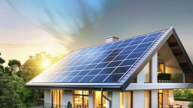 solar panels on modern house roof at sunset, hybrid inverter system inside the home, energy independence concept, soft sunlight, clean design