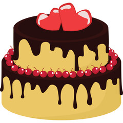 Two Tier Yellow Cake with Chocolate Drip Topping Red Cherries and Two Red Hearts On Top Isolated on White Background Perfect for Valentine's Day Celebration or Wedding