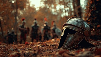 Ancient Roman Helmet Amidst Fallen Leaves and Soldiers.