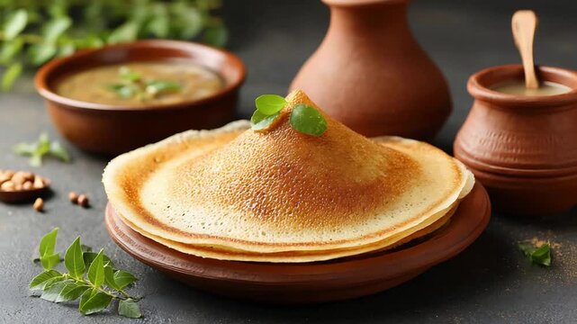 Authentic South Indian Dosa or Appam Breakfast with Side Dishes in Rustic Terracotta Pottery.
