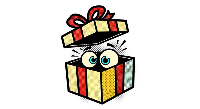 Surprised Eyes Peeking Out of an Open Gift Box with Red Ribbon.