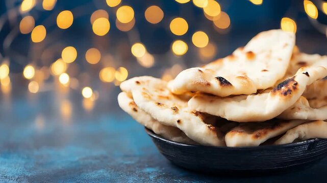 Delicious Indian Naan Bread Stacked in Bowl with Warm Golden Bokeh Lights in Background.
