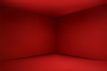Red empty room product background in simple perspective gradient, vector illustration geometric wall and floor, view from corner of the room	