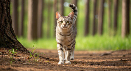 Curious tabby cat confidently strides through a sun-dappled forest path, its striped tail held high, exploring its natural habitat with alert eyes.