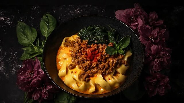 Gourmet Wide Noodle Pasta Dish with Rich Meat Sauce, Spinach, Basil, and Red Spice.