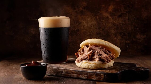 Delicious Pulled Pork Sandwich Paired with Frothy Dark Stout and Savory BBQ Sauce.