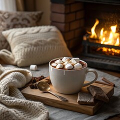 Hot chocolate with marshmallow and brownie near fireplace in cozy winter evening