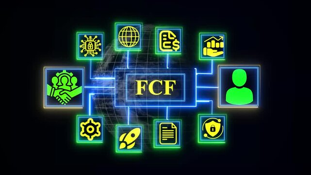 Minimalist F CF concept diagram with glowing green and aqua nodes and icons on world-wide black background Key Responsibility Area