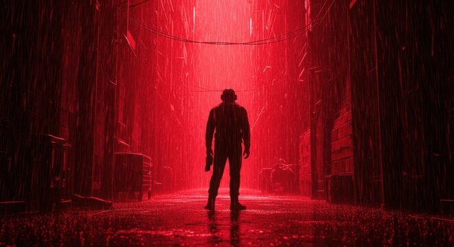 Lone figure stands in a glowing red corridor with dramatic lighting - Powered by Adobe