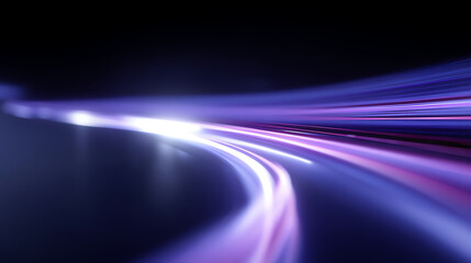 Curved streaks of glowing purple and blue light on a dark background create a sleek, futuristic, and dynamic visual effect suggesting speed and motion