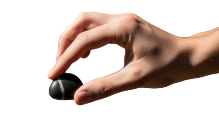 Hand holding small smooth black pebble stone with white stripe isolated on transparent background for meditation balance or geology concept with natural object