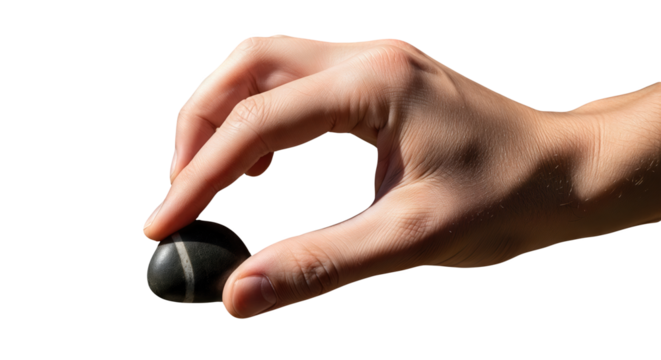 Hand holding small smooth black pebble stone with white stripe isolated on transparent background for meditation balance or geology concept with natural object