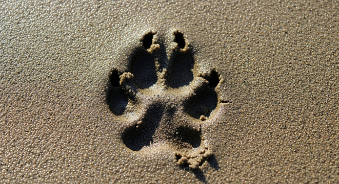 Stunning dog paw print pressed deeply into golden beach sand, capturing a moment of nature's simple beauty and outdoor adventure.