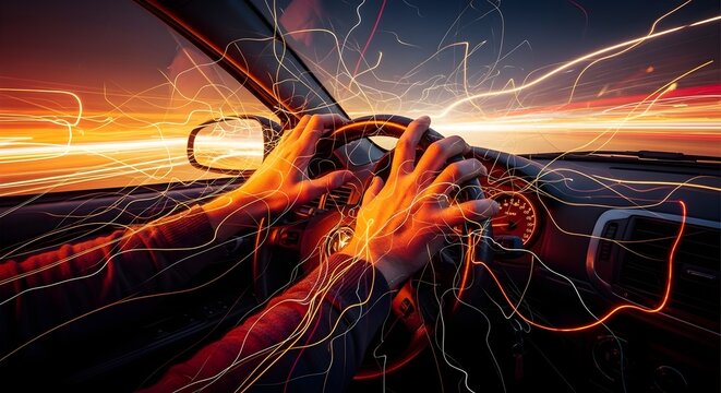 Abstract Motion Blur of Drunk Driver Losing Control of Steering Wheel