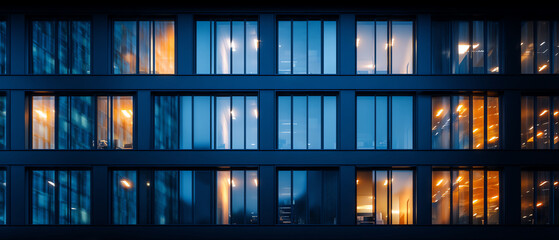 Modern office building facade at dusk, showing rows of illuminated windows with a mix of warm and cool lighting inside
