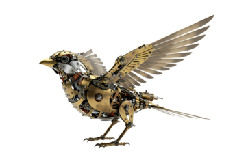 Intricate steampunk bird with wings open, ready flight