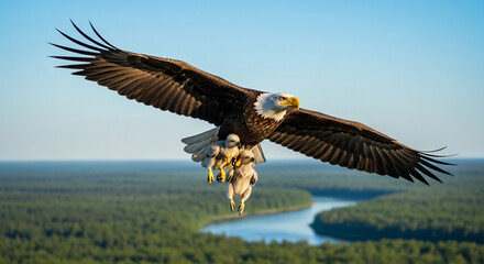 Obraz premium Majestic bald eagle soars carrying two chicks over a lush green forest and winding river, symbolizing protection and family in flight