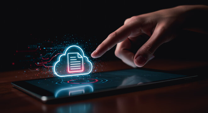A hand interacting with a digital cloud icon on a tablet, symbolizing cloud computing, data storage, and technology. 