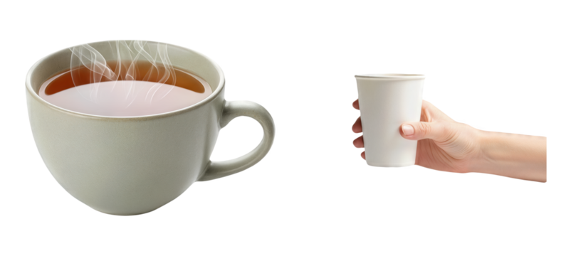 Hot Steaming Tea in Ceramic Mug Versus Hand Holding Disposable Paper Cup for Coffee or Beverage Comparison Isolated on transparent background Morning Warm Drink