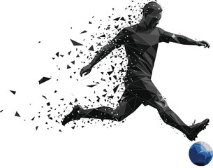 Low Poly Vector Football Player Kicking Ball, Abstract Polygon Disintegration Effect, Dynamic Motion Soccer Illustration, Isolated Athlete Silhouette for Sports Banner Design