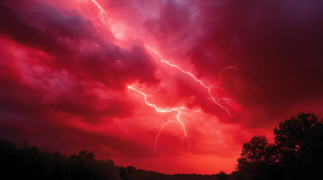 Red sky illuminated by dramatic lightning bolts striking through dark storm clouds above silhouetted trees at dusk