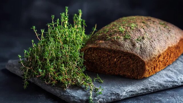 Freshly baked dark bread loaf with aromatic green thyme on a rustic slate board.