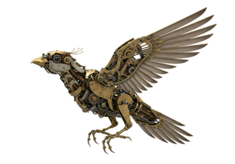 Steampunk bird mechanical marvel in flight, intricate gears