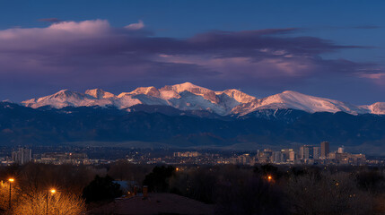 City skyline at dusk with glowing streetlights in the foreground and a snow-capped mountain range illuminated by the setting sun in the background
