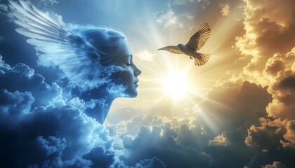 Dreamy ethereal portrait with winged figure and dove soaring through clouds, evoking peace and inspiration for spiritual or fantasy themed projects