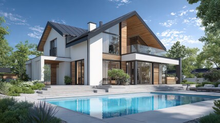 Modern Exterior House Design with Swimming Pool Trees and Clear Sky on a Sunny Day
