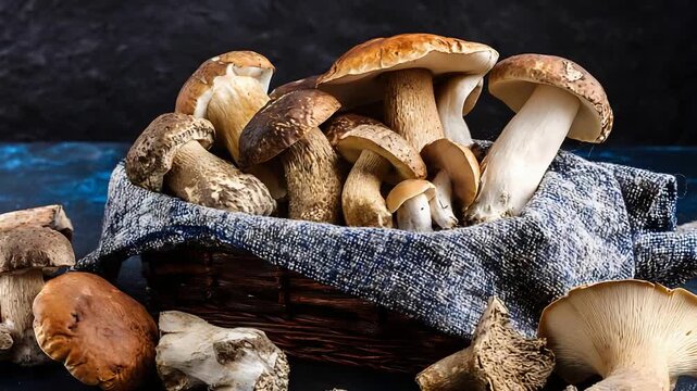 Freshly Harvested Wild Mushrooms in a Woven Basket, Ready for Healthy Autumn Cooking.