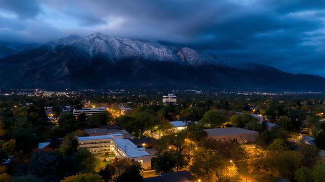 A nighttime cityscape with illuminated buildings and streets beneath a large, snow-capped mountain under a dramatic cloudy sky