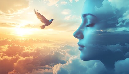 Dreamlike serene portrait of a woman with clouds and a flying dove, symbolizing peace, hope, and freedom, perfect for inspiring and spiritual themes