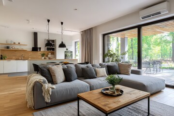 Modern Living Room with Gray Sectional Sofa Near Window and Wooden Accents Featuring Natural Light with Hardwood Floor and Views of Green Foliage Outdoors