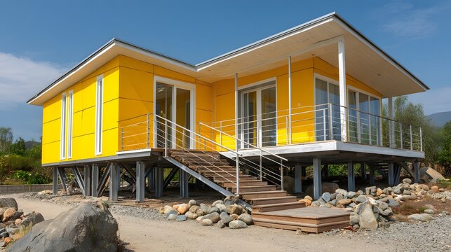 Modern modular dwelling featuring vibrant yellow exterior cladding elevated on metal stilts