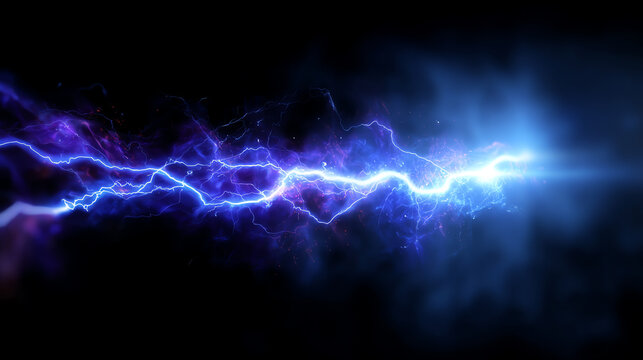 Bright blue and purple electric lightning bolt striking through a dark background, emitting energy and light with visible sparks and glowing effects