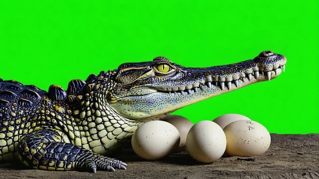 A crocodile guarding its eggs on a green screen background in a close up studio shot crocodile green screen video