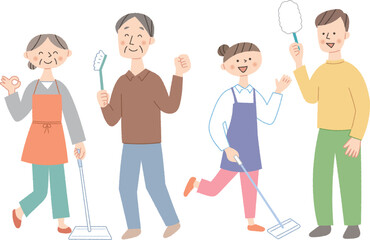 掃除道具を持った元気なポーズの人々