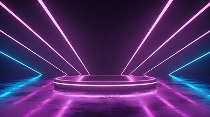 Illuminated stage with neon lights in a futuristic purple and blue room