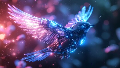 Futuristic cybernetic bird soaring through neon space with glowing wings, a symbol of innovation and technological advancement in a digital world